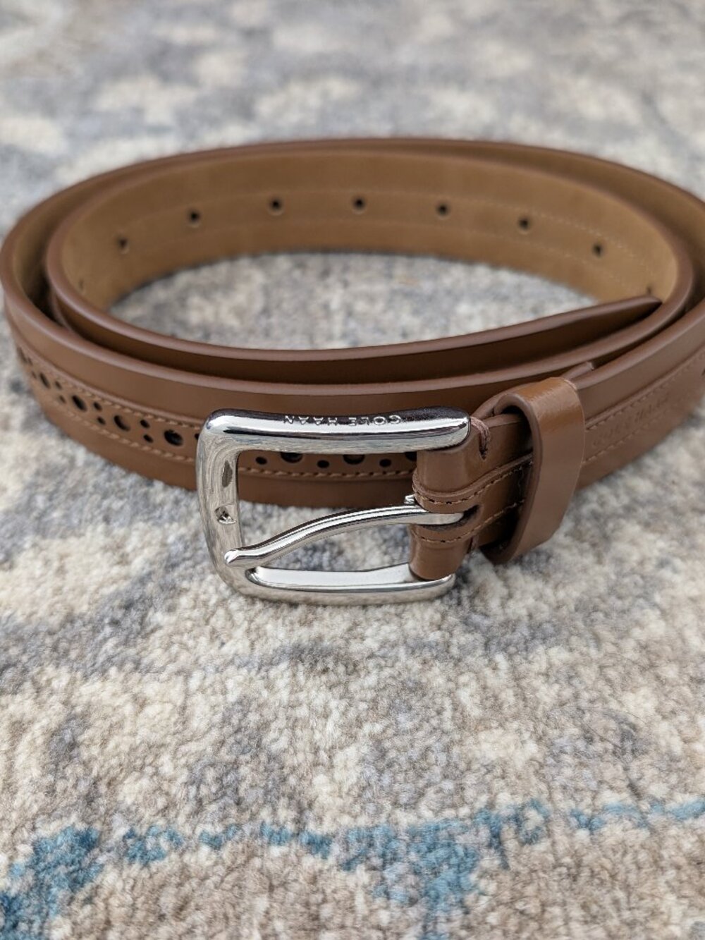 COLE HAAN Belt 30/80 Men's Brown Leather Top Perforated Silver Tone Buckle